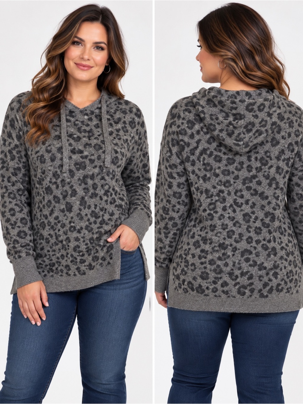 Denver Hayes Grey Leopard Print Knit Hoodie Sweater Women's Large